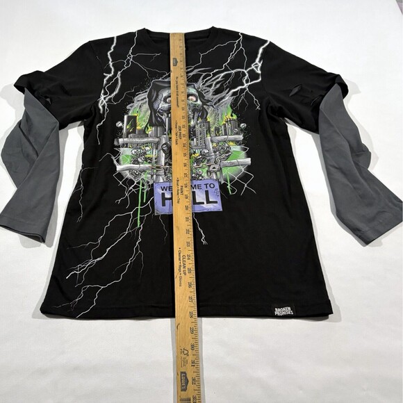 Broken Promises Welcome to Hell Graphic Print Long Sleeve T-Shirt Black Men XS - Picture 5 of 10